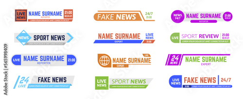 Tv news bars, breaking news broadcasting third part banners. Templates for video editing and text. News and sport channels