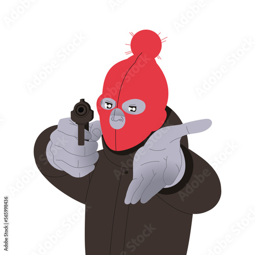 Crime with Man Criminal in Balaclava Aiming Handgun Claiming Money Vector Illustration