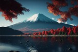  a painting of a mountain with a lake in front of it and trees in the foreground, and a lake in the foreground.  generative ai