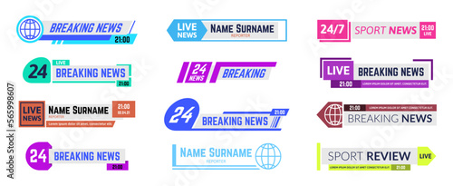 Tv news bars, breaking news and sport review templates of different colors for various channels. Expert names and surnames