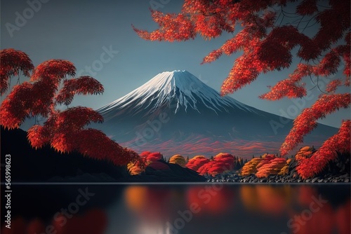  a painting of a mountain with a lake in front of it and trees in the foreground with red leaves on the ground and a lake in the foreground. generative ai