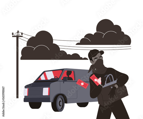 Crime with Man Criminal Stealing Bag with Money Escaping Vector Illustration