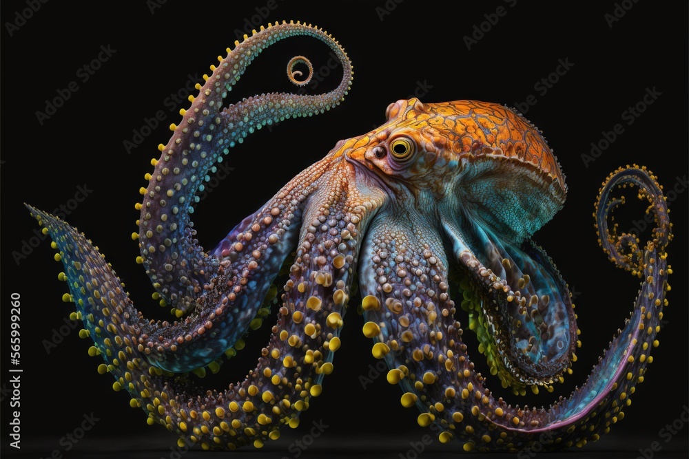 an octopus is shown in this artistic photo with a black background and a black background with a black background and a black background with a black background and white border. generative ai an octopus is shown in this artistic photo with a black background and a black background with a black background and a black background with a black background and white border. generative ai