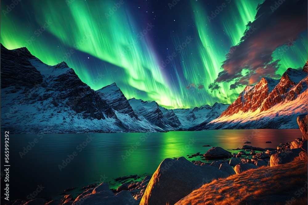  the aurora bore over a mountain lake with a green aurora bore in the sky above the mountains and a body of water with rocks in the foreground.  generative ai