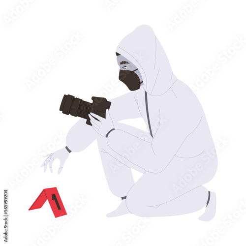 Man Police Expert in Suit Collecting Evidence at Crime Site Vector Illustration