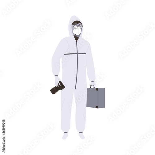 Man Police Expert in Suit Collecting Evidence at Crime Site Vector Illustration