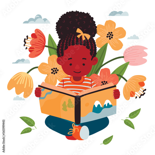 Child reading a book and flowers.Seated little girl with storybook, tulips,clouds and leaves.Vector cartoon clip art set on white background.Print on fabric and paper.Flat style isolated illustration.