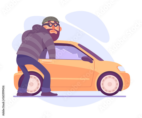 Bearded Man Criminal in Mask Breaking Car Committing Crime Vector Illustration
