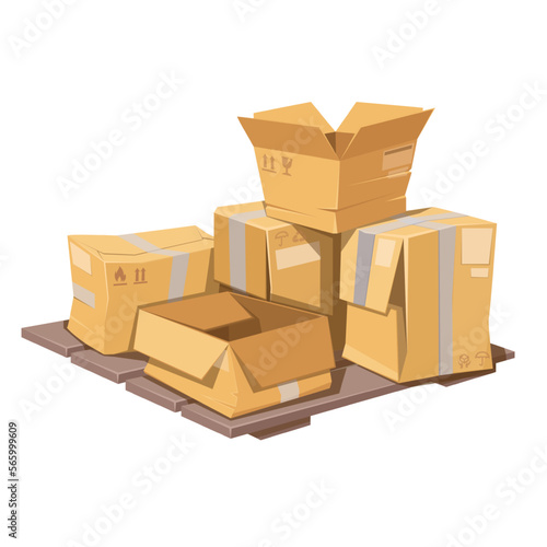 Cardboard broken boxes on wooden pallet vector illustration. Cartoon pile of damaged packages with different damages of bad delivery, isolated crumpled and wrinkled paper containers, open parcel box
