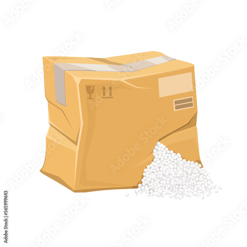 Cardboard broken damaged box vector illustration. Cartoon shockproof foam plastic balls falling out of hole in isolated crumpled parcel box, torn damage on carton wrinkled package, shipment problem