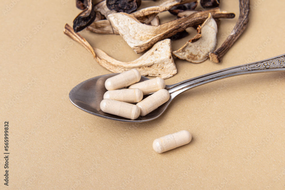 Dried mushroom tablets. Natural mushroom medication. Capsules in spoon