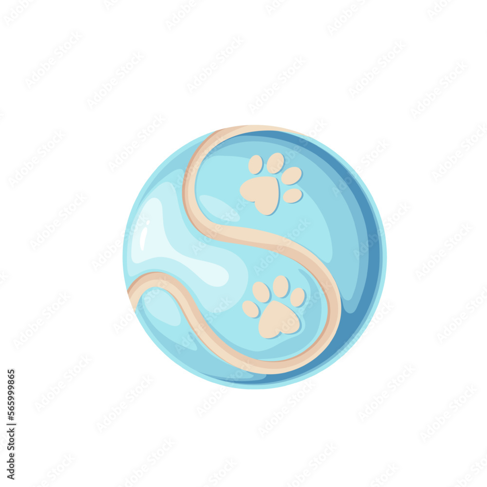 Toy ball for games of dogs and cats vector illustration. Cartoon isolated blue tennis ball with wavy line decoration and pattern of animal paw prints, accessory for playing and object of pet shop Toy ball for games of dogs and cats vector illustration. Cartoon isolated blue tennis ball with wavy line decoration and pattern of animal paw prints, accessory for playing and object of pet shop
