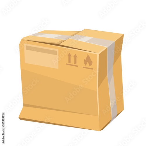 Damaged broken box with damage vector illustration. Cartoon isolated cardboard package with problems of storage and bad shipping, crushed crumpled closed brown box with products of store order