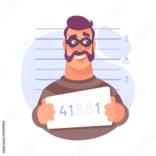 Man Criminal in Mask Taking Mug Shot in Jail Vector Illustration