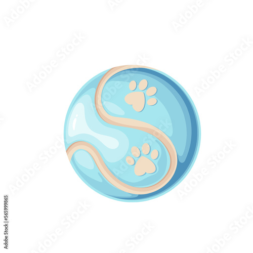 Toy ball for games of dogs and cats vector illustration. Cartoon isolated blue tennis ball with wavy line decoration and pattern of animal paw prints, accessory for playing and object of pet shop