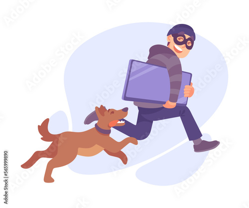 Man Criminal in Mask Escaping with Computer Committing Crime with Dog Chasing Him Vector Illustration