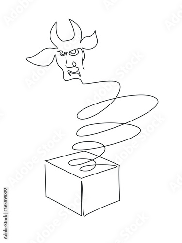 Devil from a snuffbox. Stylized image of popular toy. Continuous one line minimalistic art technique