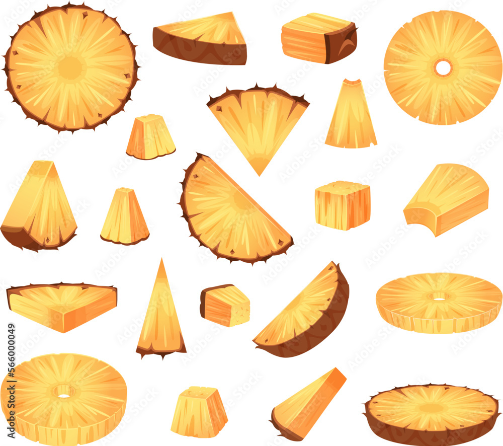 Sliced pineapples. Tropical juicy healthy fruits pieces of ananas exact vector colorful cartoon illustrations Sliced pineapples. Tropical juicy healthy fruits pieces of ananas exact vector colorful cartoon illustrations