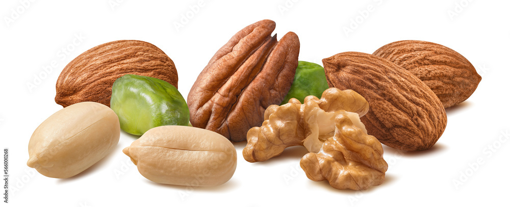 Big mix of nuts isolated on white background. Almond, peanuts, pistachio, pecan, walnuts. Big mix of nuts isolated on white background. Almond, peanuts, pistachio, pecan, walnuts.