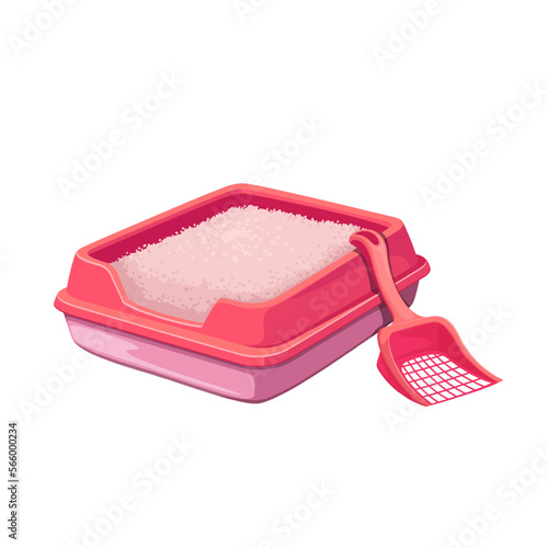 Cat toilet vector illustration. Cartoon isolated litter box with clumping sand and scoop to clean up poop of pet, red plastic container sandbox for domestic animal hygiene, toilet equipment for kitten