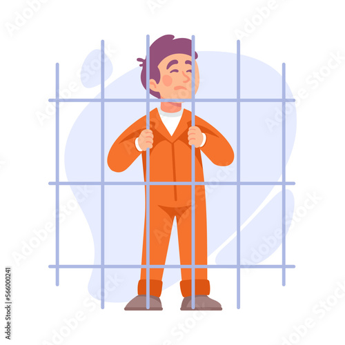 Man Criminal in Mask in Jail Behind Metal Bars Vector Illustration