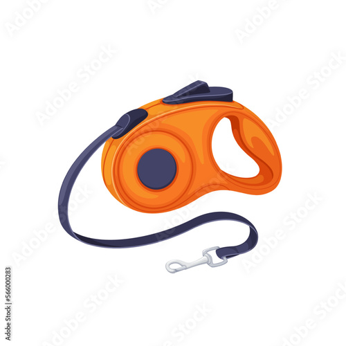 Retractable leash for dog vector illustration. Cartoon isolated roulette lead for control and safety of pet at walk and training, orange accessory with button, metal hook for dog collar and black cord