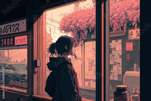 A lofi anime girl standing by a window overlooking a city street with warm, cozy colors, generative ai