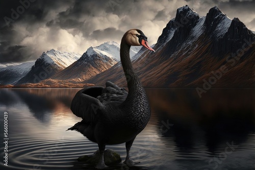 Painting of a beautiful black swan at sunset in a lake between mountains. © Joaquin Corbalan