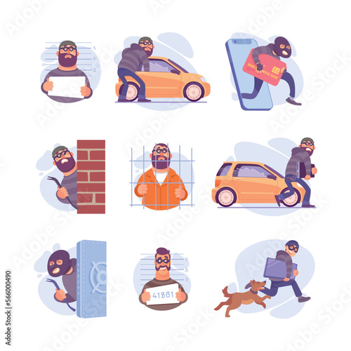 Man Criminal in Mask Committing Crime Engaged in Theft Vector Set