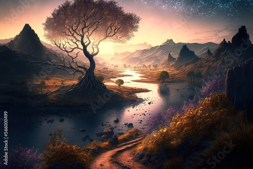 Fotografie A beautiful fantasy landscape with a lake, orange grassy fields, a huge tree, an