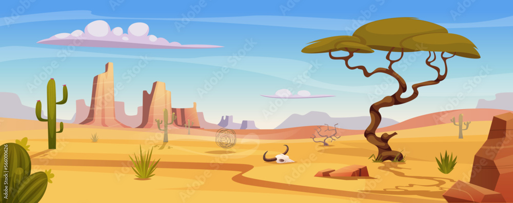 Desert landscape. Outdoor background arizona style with rocks and cactuses exact vector template - obrazy, fototapety, plakaty 