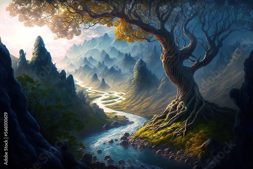 Obraz na plátně A epic fantasy landscape with a lake, a huge tree, and misty mountains and hills