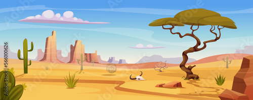 Desert landscape. Outdoor background arizona style with rocks and cactuses exact vector template