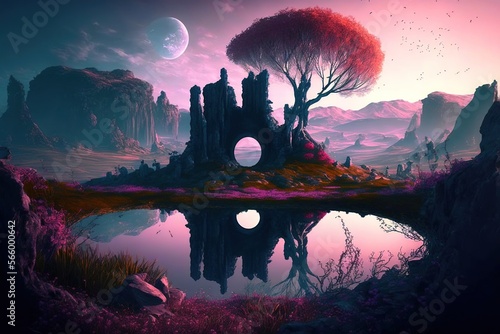 Fotografie a purple-colored fantasy landscape with a small pond and a mountain with a circu
