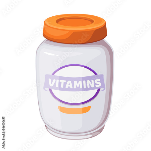 Bottle with vitamin food supplement for pet vector illustration. Cartoon isolated white plastic medical container with orange cap and label, vitamin medication in package for health of dog and cat