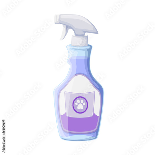 Flea spray bottle for pet vector illustration. Cartoon isolated plastic container with healthy cosmetic cleaning liquid to care health of cat and dog fur, pump sprayer and label with paw symbol