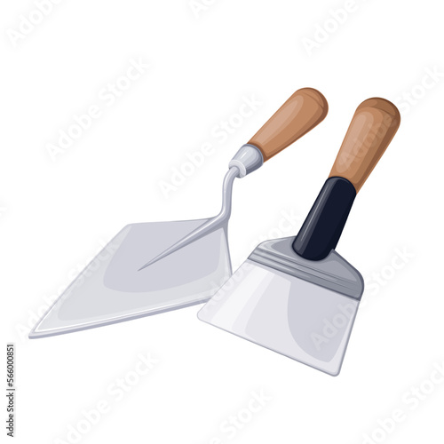 Trowel and spatula vector illustration. Cartoon isolated small tools of mason and bricklayer with wood handle for hand and stainless steel scraper, trowel instrument for buttering of plastering