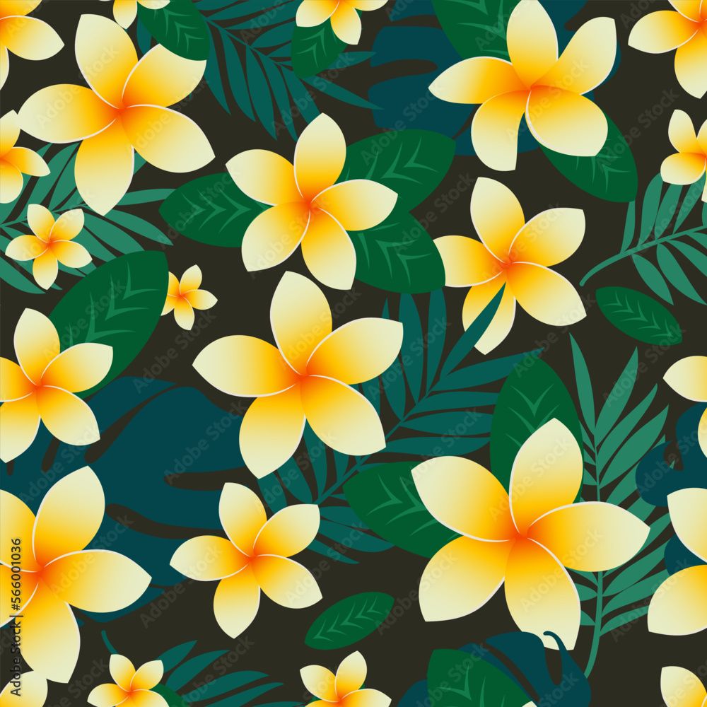 Tropical floral seamless pattern. Cute plumeria flowers and palm leaves. Vector.