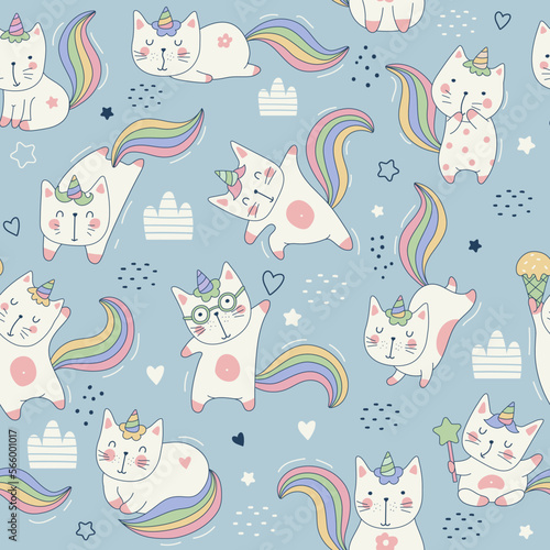 Cats pattern. Kawai animals illustrations for textile design projects recent vector seamless background