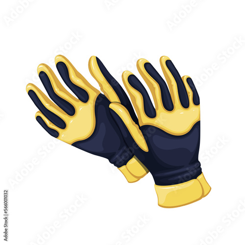 Construction workers gloves vector illustration. Cartoon isolated protective fabric gloves with rubber and yellow leather to protect fingers and hand, industrial workwear and protection equipment