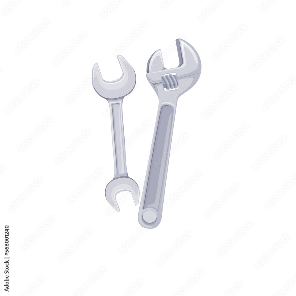 Wrench and spanner vector illustration. Cartoon isolated mechanic chrome tools of maintenance service worker and plumber, combo of metal wrench keys with handles to tighten and screw steel bolts Wrench and spanner vector illustration. Cartoon isolated mechanic chrome tools of maintenance service worker and plumber, combo of metal wrench keys with handles to tighten and screw steel bolts
