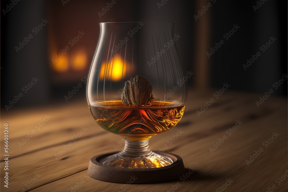 a glass of whiskey on a wooden table with a lit candle in the backgroung of the glass and a small rock in the middle of the glass. generative ai a glass of whiskey on a wooden table with a lit candle in the backgroung of the glass and a small rock in the middle of the glass. generative ai