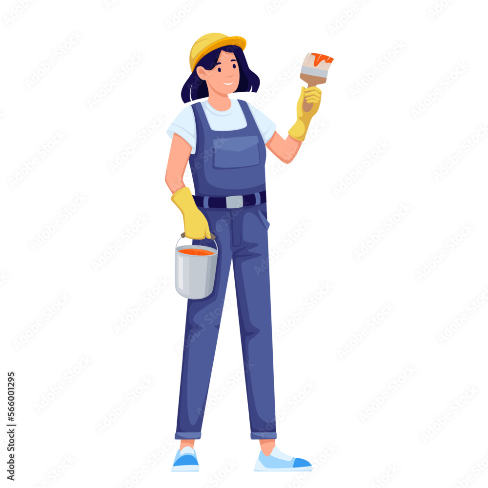Repair worker holding paint brush and bucket in hands vector illustration. Cartoon isolated female painter decorating wall of house, renovation and paint decoration, restoration works of woman