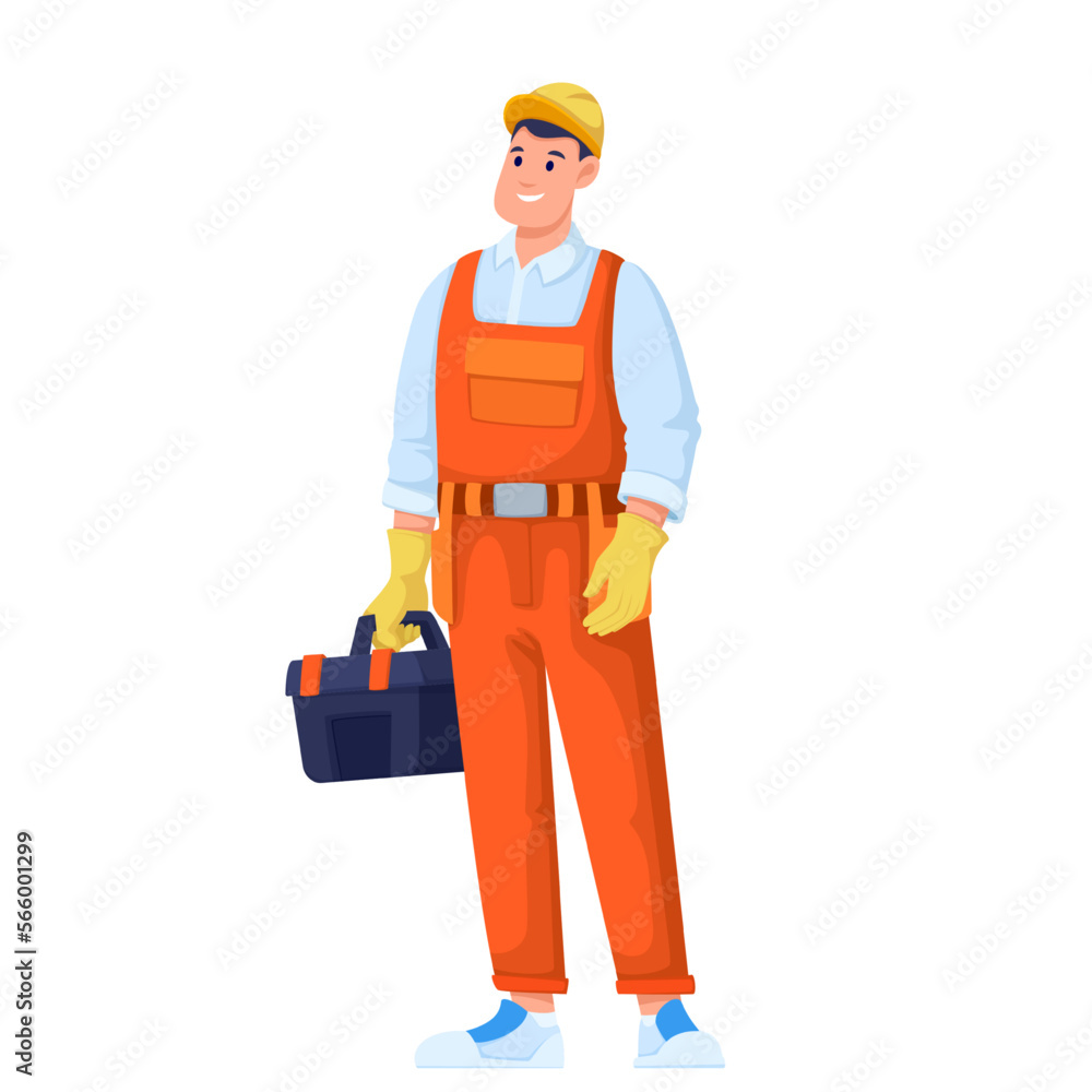 Repair worker holding toolbox vector illustration. Cartoon isolated