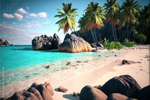  a tropical beach with rocks and palm trees on the shore of the ocean and a blue sky with white clouds and blue water with a few waves. generative ai