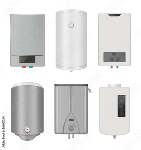 Water heater. Warm controlling systems gas boiler decent vector realistic illustrations set