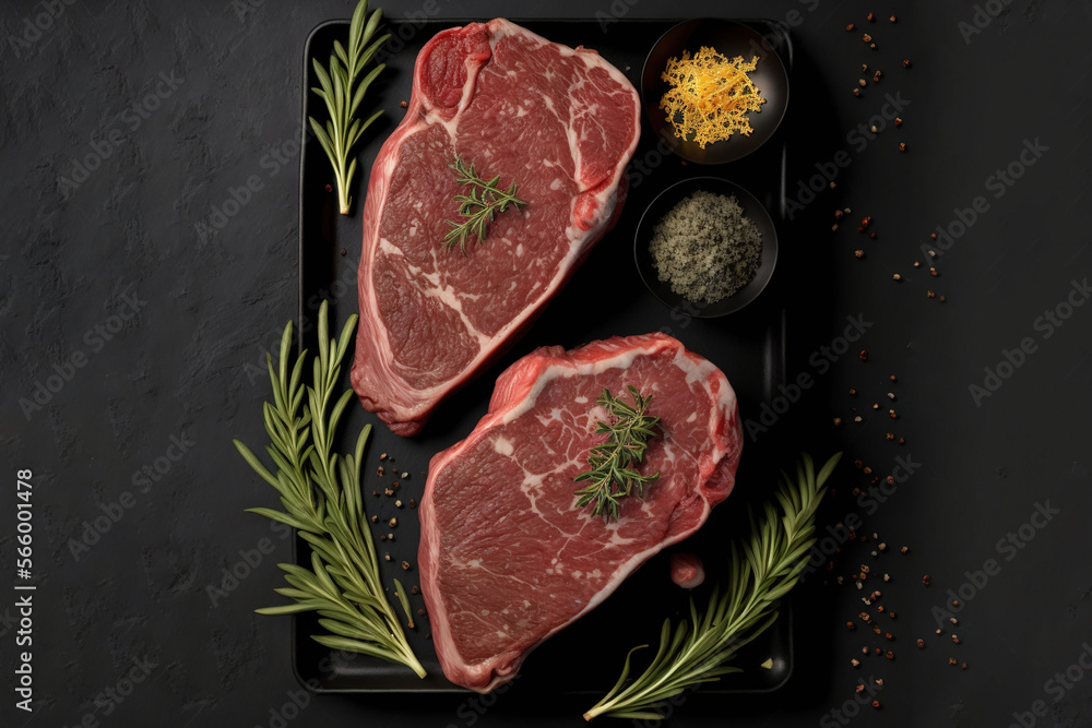  two steaks on a tray with herbs and seasonings on a black background with a black background and a black background with a white border.  generative ai