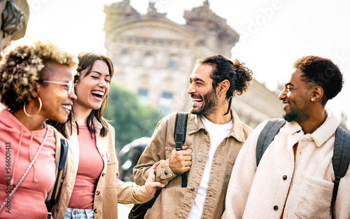 Photography Multi cultural happy best friends talking and having fun at Barcelona city cente
