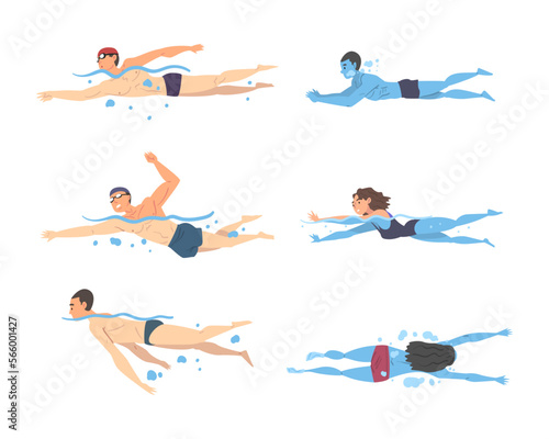 People Characters Swimming in Water Diving and Plunging with Bubbles Vector Set