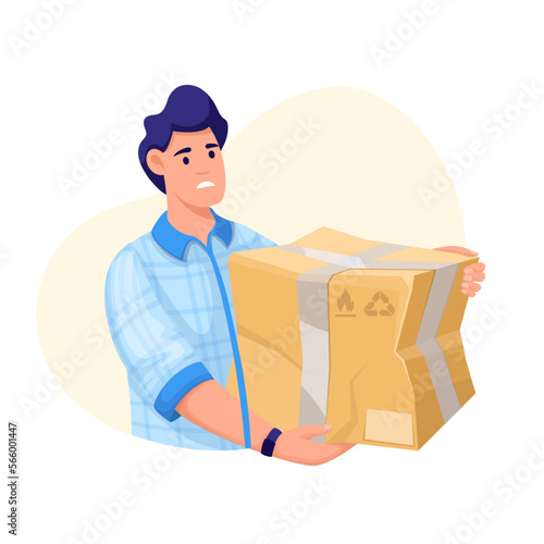 Sad customer holding broken cardboard box vector illustration. Cartoon isolated young upset man carrying package in damaged and crumpled carton box, person angry due to problem of delivery service
